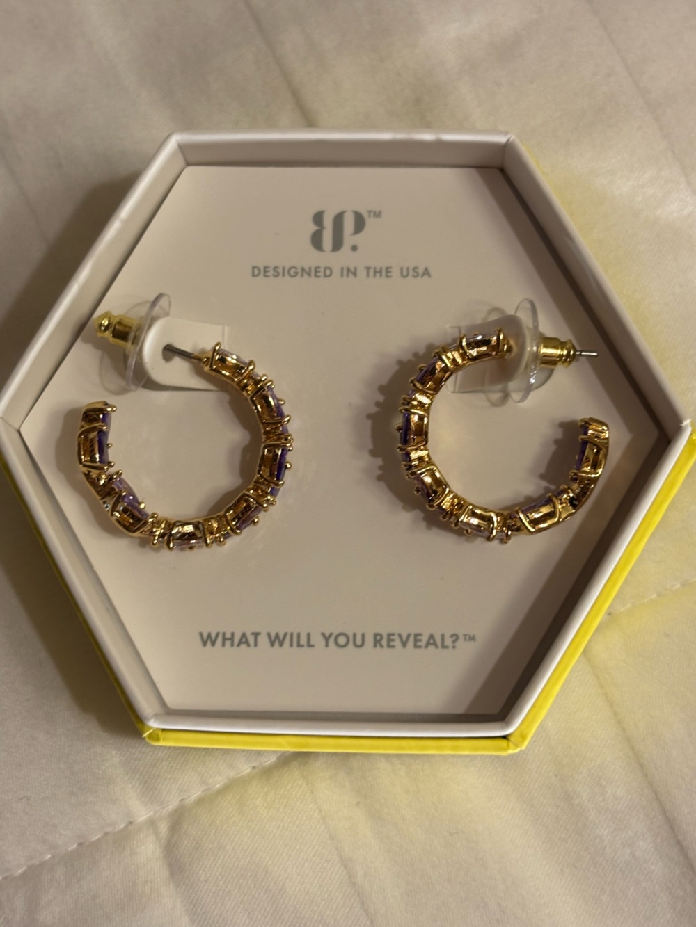Gold Hoop Earrings with Purple Stones by (no brand) - Women Jewelry